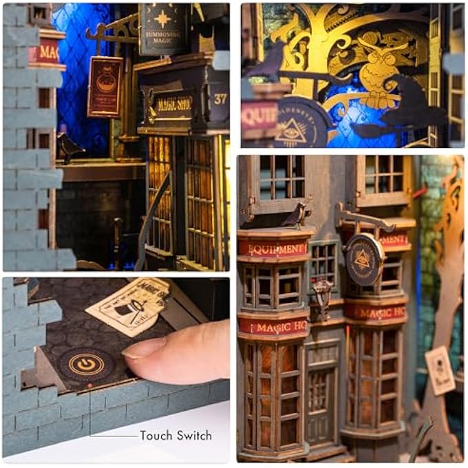 DIY BOOK NOOK KIT 3D WOODEN PUZZLE FOR ADULTS 9.8" BOOKSHELF INDERT DECOR WITH LED MINIATURE DOLLHOUSE KIT BOOKEND CRAFTS DIORAMA HOBBIES GIFTS FOR BOYS GIRLS (MAGIC ALLEY) - Image 3